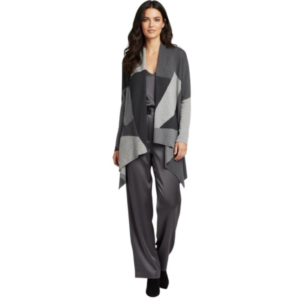 Saffron Cashmere Cardigan Open Color Block Graphic Sweater Knit Lightweight S